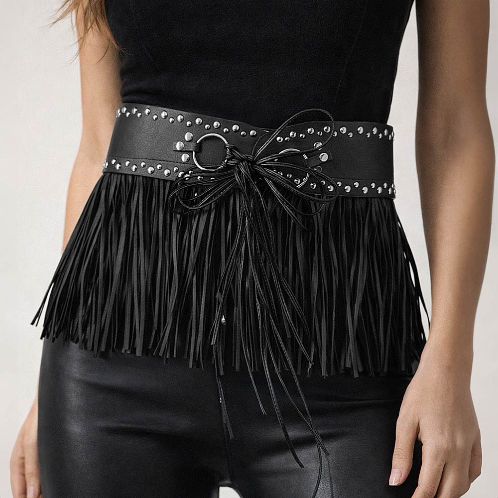 Black Fringe Belt with Studded Detail